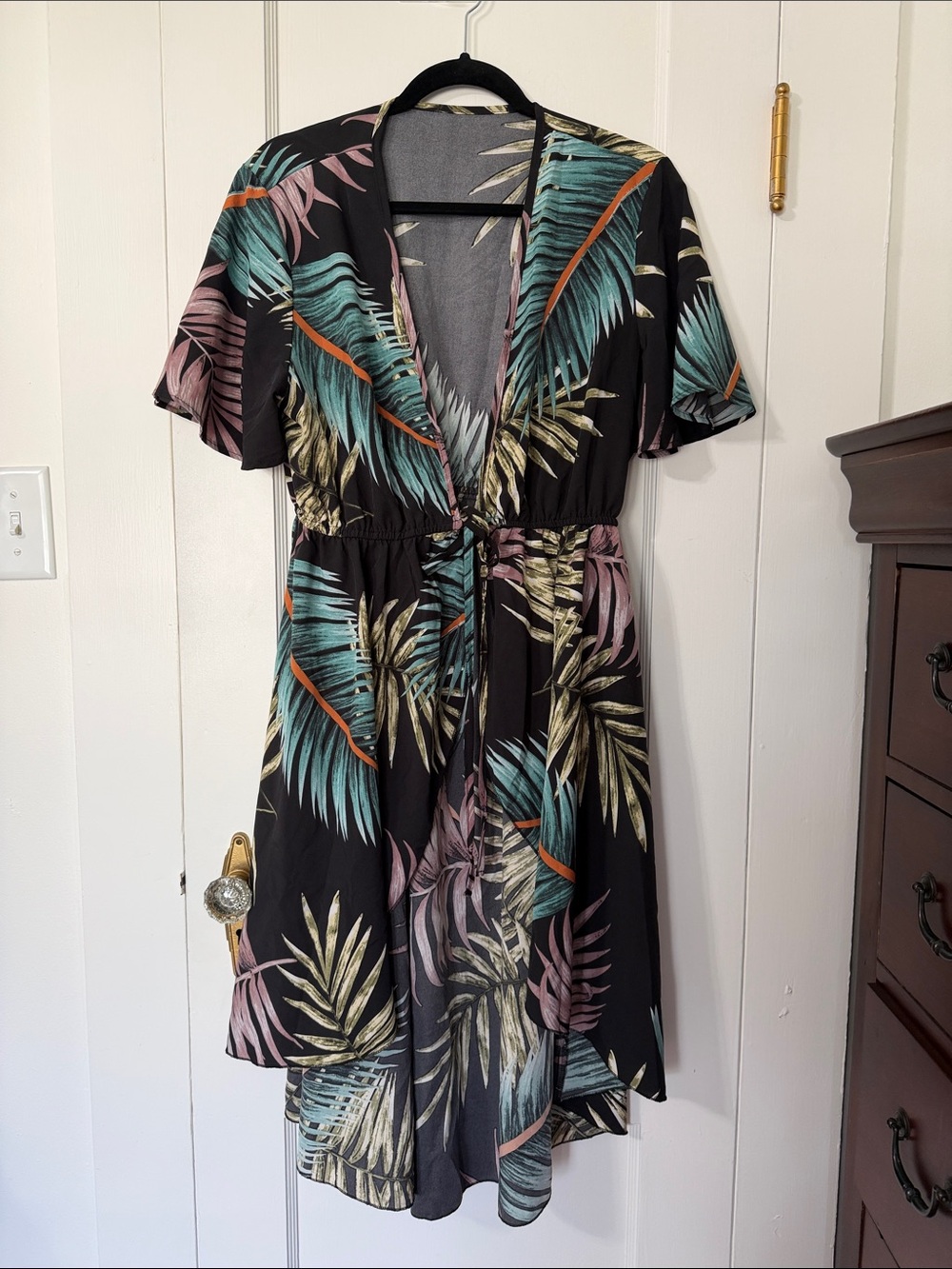 SHEIN Black Tropical Leaf Swim Coverup with Teal, Pink & Tan Print